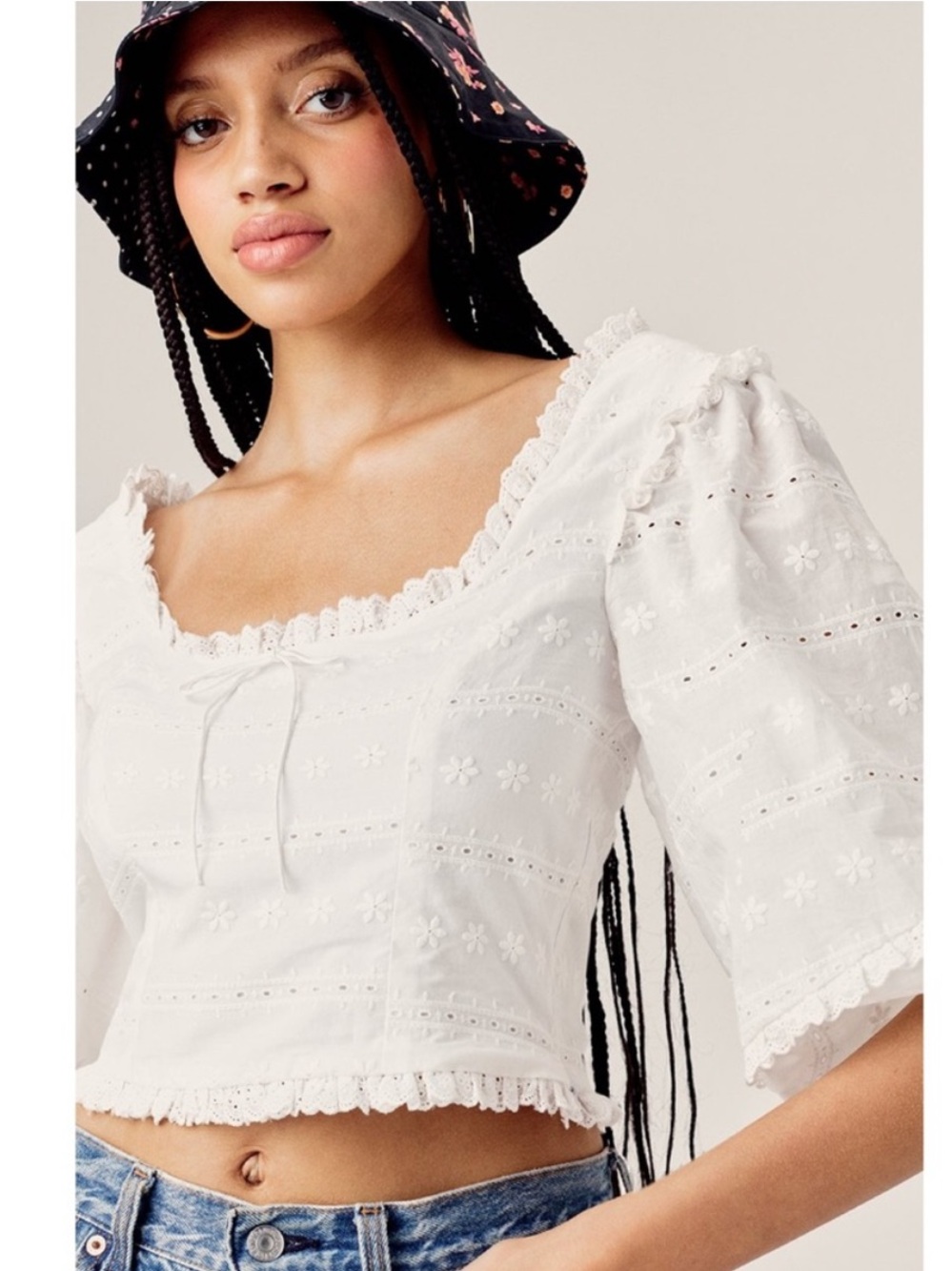 For Love And Lemons Iris White Eyelet Lace-Trim Crop Top
